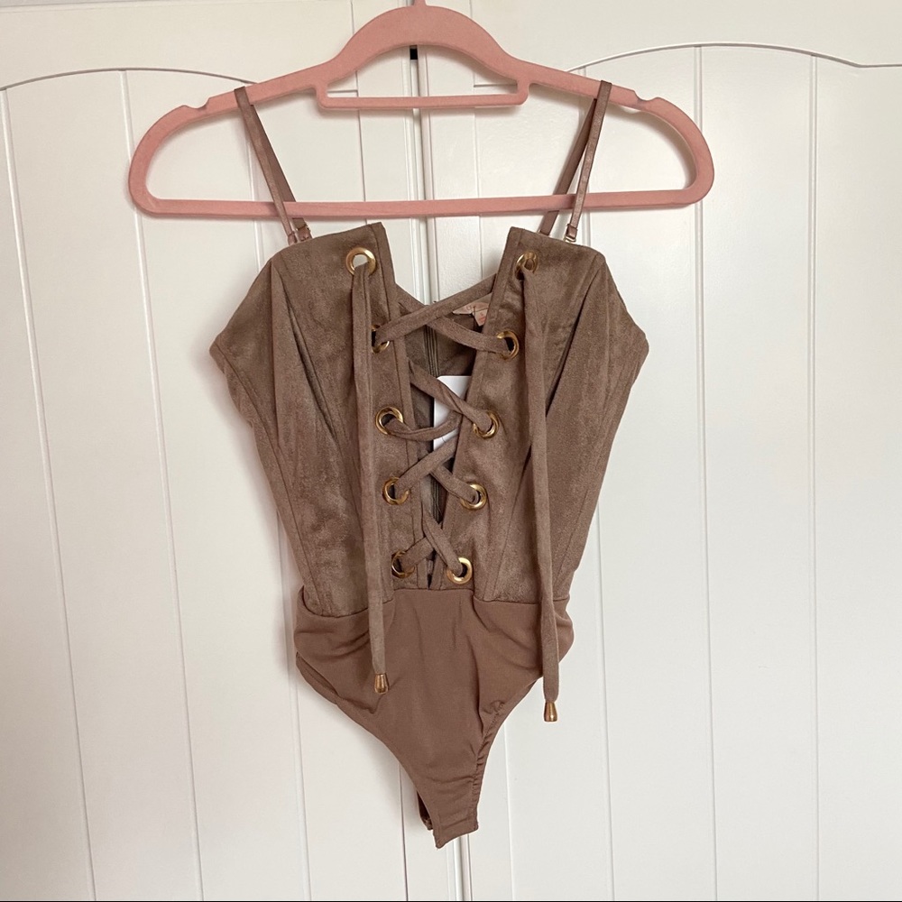 Brown suede laceup front bodysuit